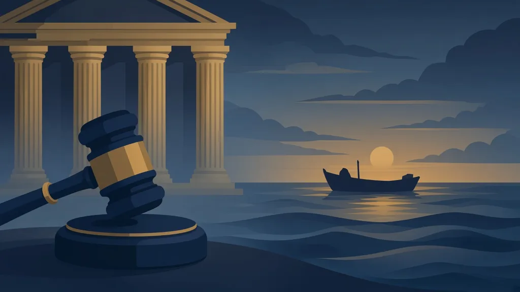 Illustration of a judge's gavel and courthouse columns with a small boat on the water at dusk.