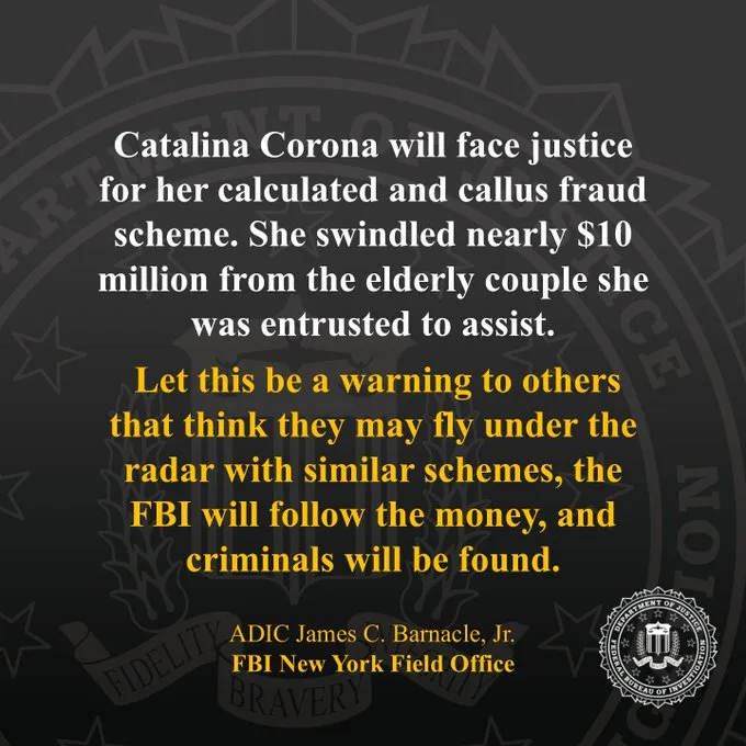 FBI New York graphic quoting Assistant Director in Charge James C. Barnacle Jr. on the Catalina Corona sentencing.