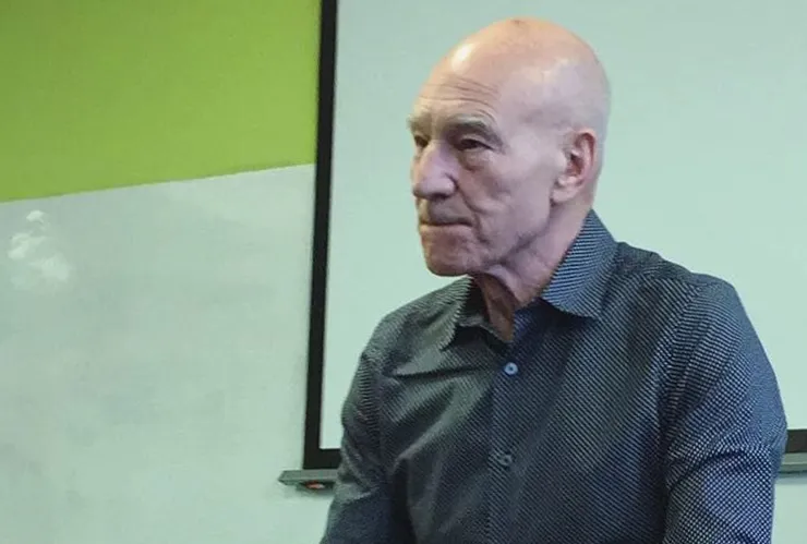 Sir Patrick Stewart on the campus of the University of Huddersfield, April 4, 2017.