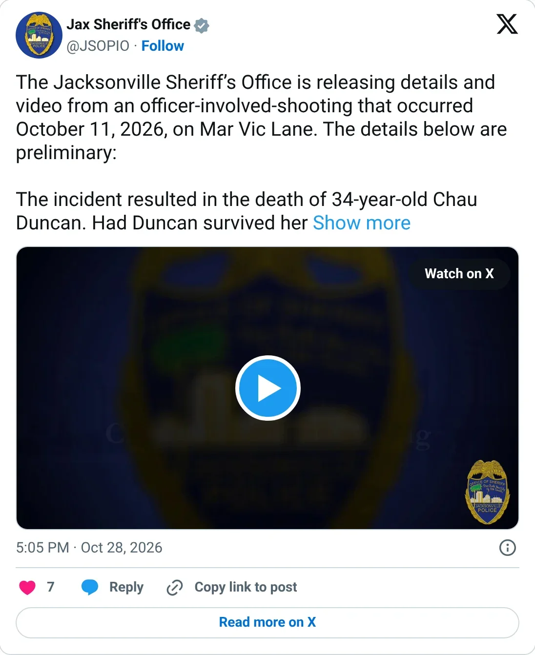 Screenshot of a Jacksonville Sheriff's Office post on X releasing details and video of an Oct. 11, 2026 officer-involved shooting on Mar Vic Lane
