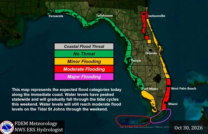 Florida Division of Emergency Management map of expected coastal flooding categories for Oct. 30, 2026, showing major flooding in the Florida Keys.