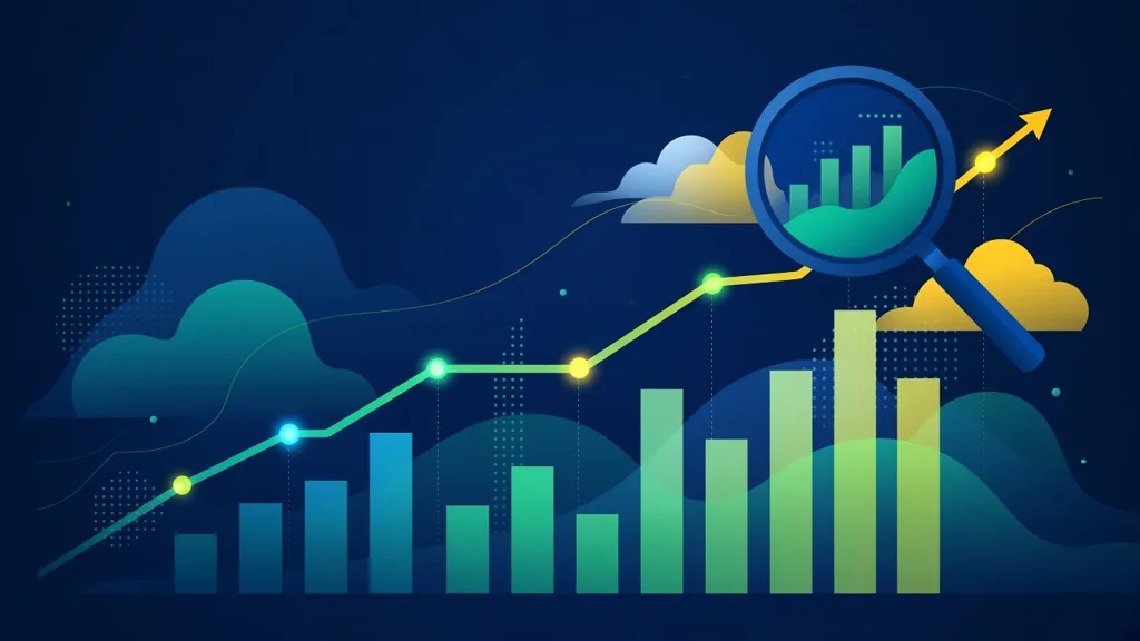 Abstract illustration of a rising chart and bar graph with a magnifying glass and cloud shapes.