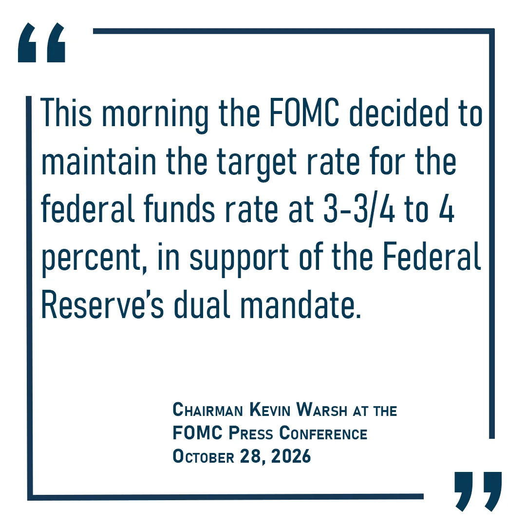 Federal Reserve graphic quoting Chairman Kevin Warsh at the Oct. 28, 2026 FOMC press conference: "This morning the FOMC decided to maintain the target rate for the federal funds rate at 3-3/4 to 4 percent, in support of the Federal Reserve's dual mandate."