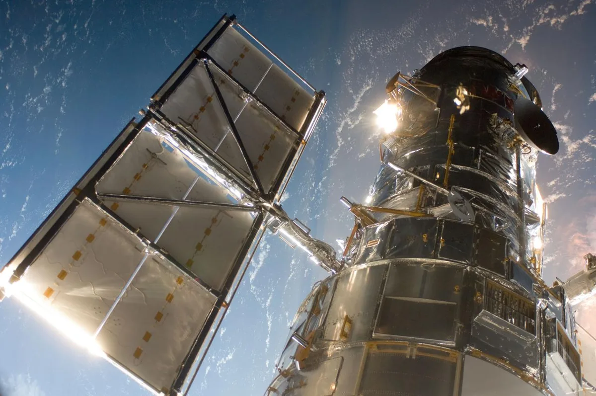 The Hubble Space Telescope seen from Space Shuttle Atlantis during Servicing Mission 4.