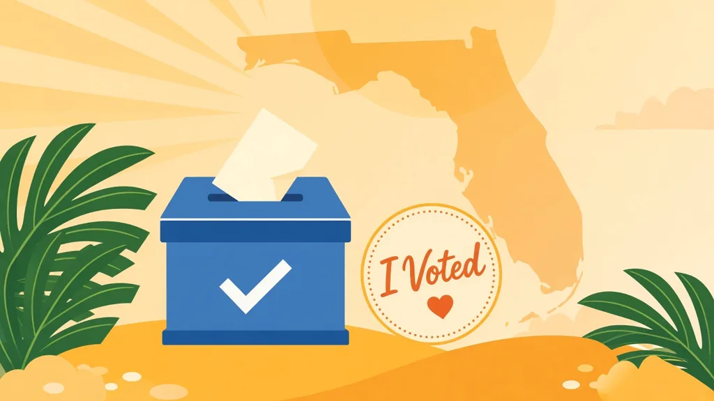 Illustration of a ballot box and an 'I Voted' sticker in front of an outline of Florida.