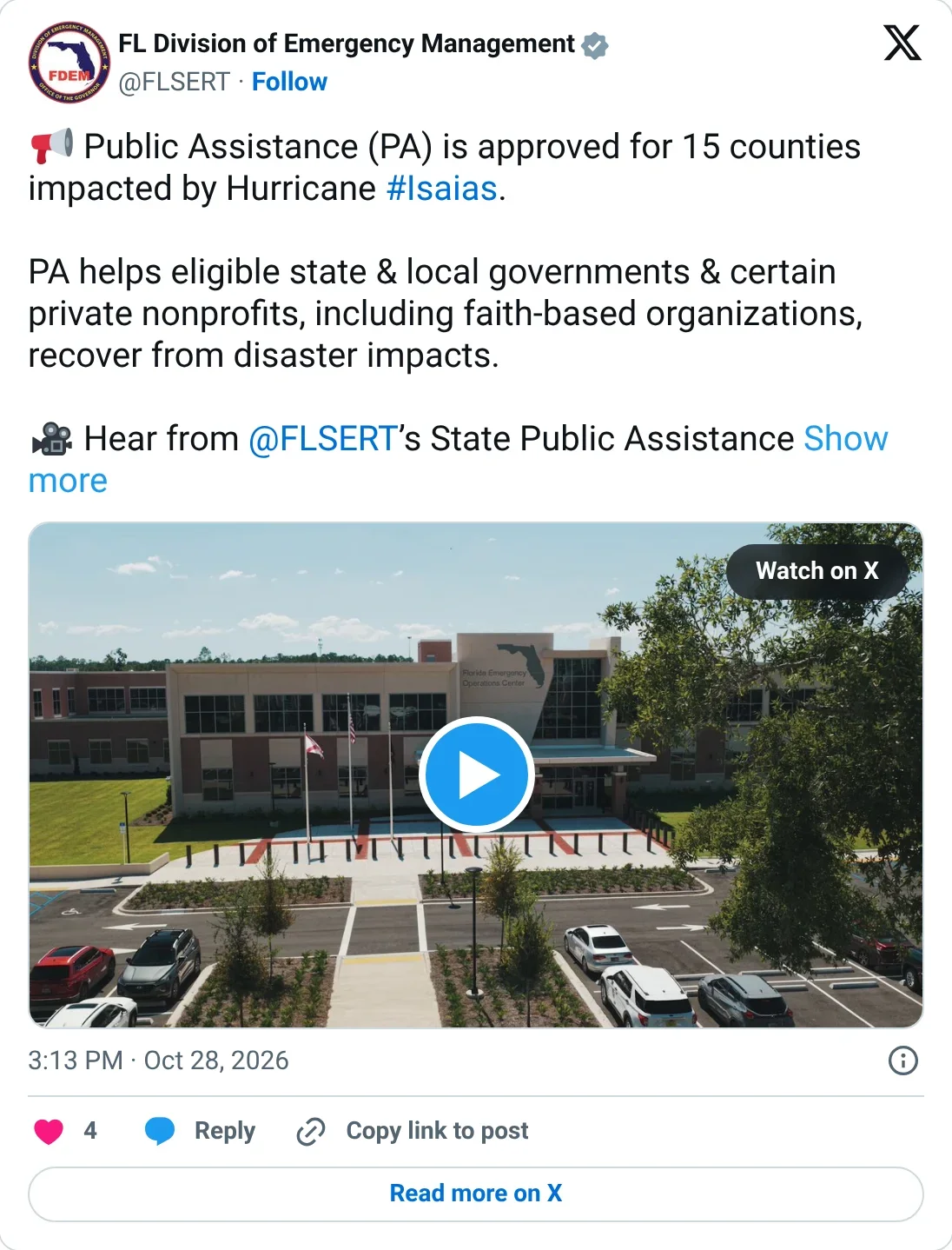 Screenshot of a Florida Division of Emergency Management post on X saying Public Assistance is approved for 15 counties impacted by Hurricane Isaias, with video of the State Emergency Operations Center