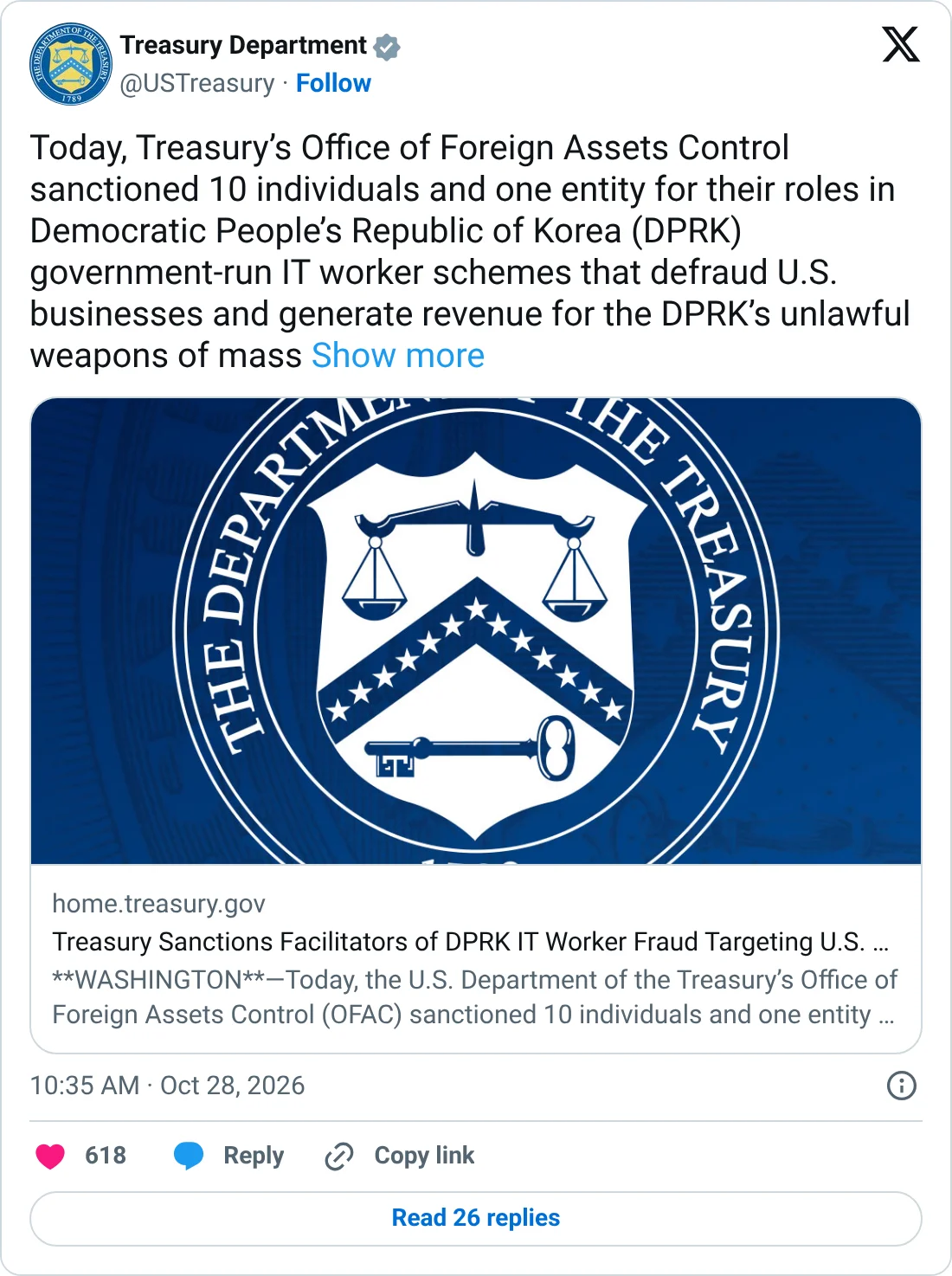 Screenshot of an X post by the U.S. Treasury Department (@USTreasury), Oct. 28, 2026: "Today, Treasury's Office of Foreign Assets Control sanctioned 10 individuals and one entity for their roles in Democratic People's Republic of Korea (DPRK) government-run IT worker schemes that defraud U.S. businesses," with a link to Treasury's press release.
