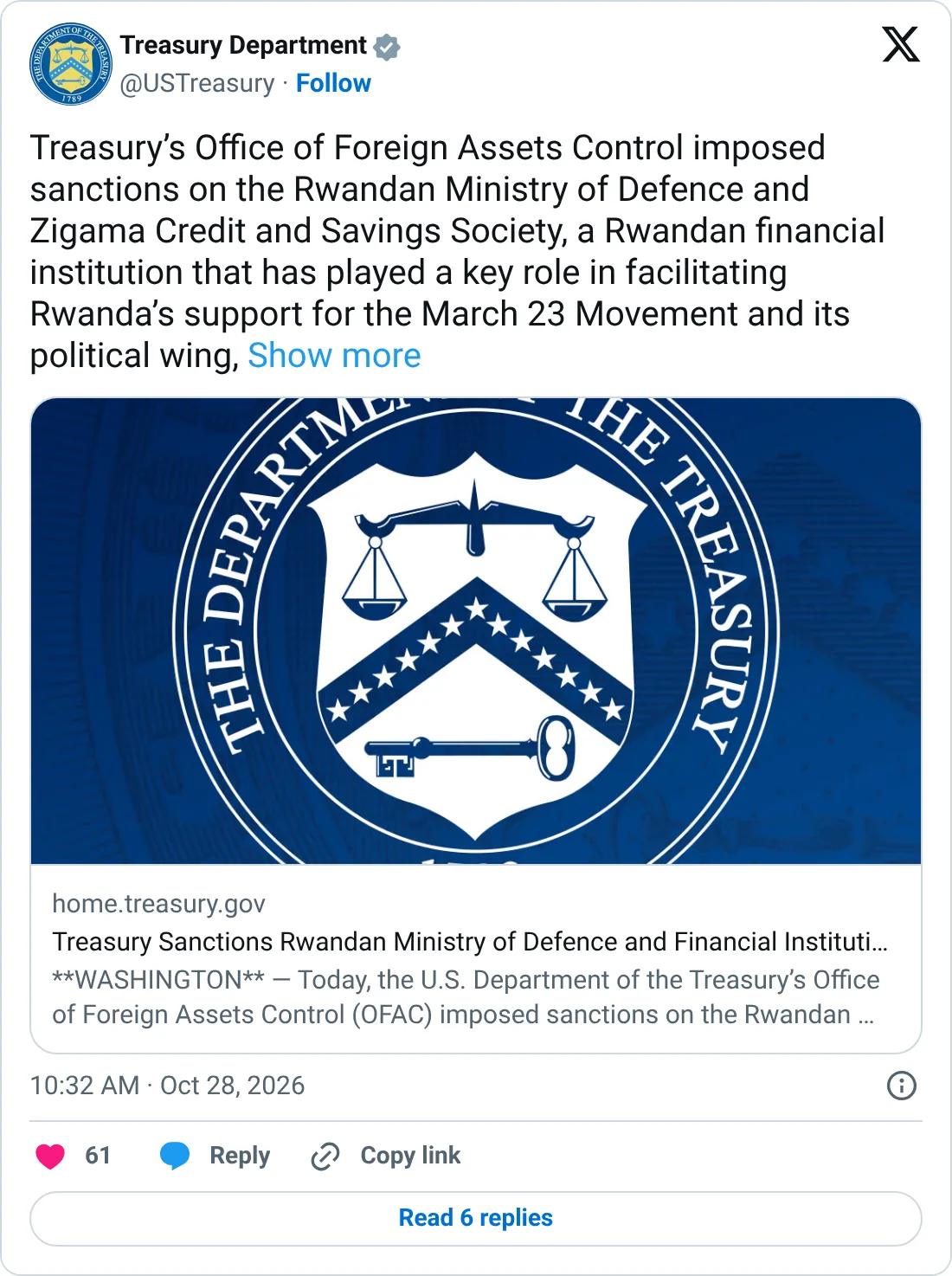 Screenshot of an X post by the U.S. Treasury Department (@USTreasury), Oct. 28, 2026: "Treasury's Office of Foreign Assets Control imposed sanctions on the Rwandan Ministry of Defence and Zigama Credit and Savings Society, a Rwandan financial institution that has played a key role in facilitating Rwanda's support for the March 23 Movement and its political wing," with a link to Treasury's press release.