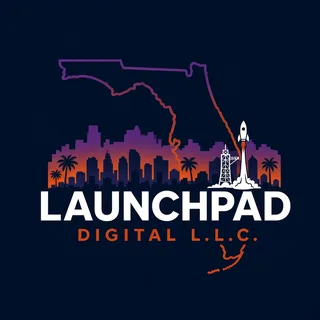 Launchpad Digital L.L.C. logo: Florida outline over a sunset skyline with a rocket launch