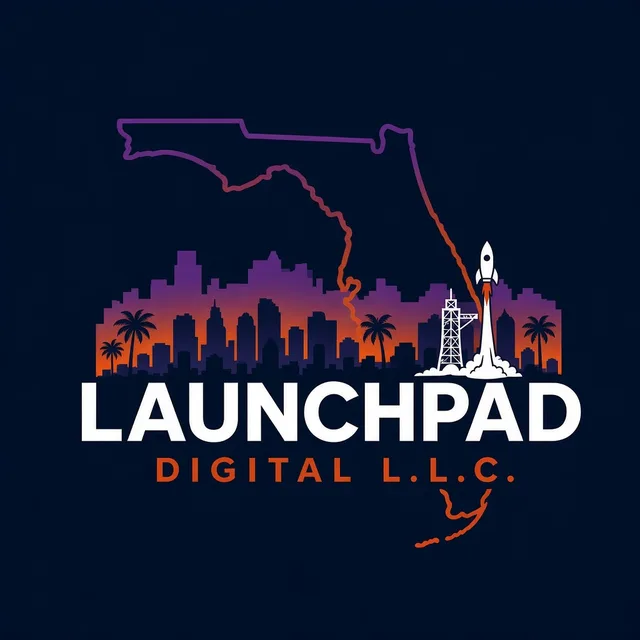 Launchpad Digital L.L.C. logo: Florida outline over a purple-to-orange sunset skyline with a rocket lifting off