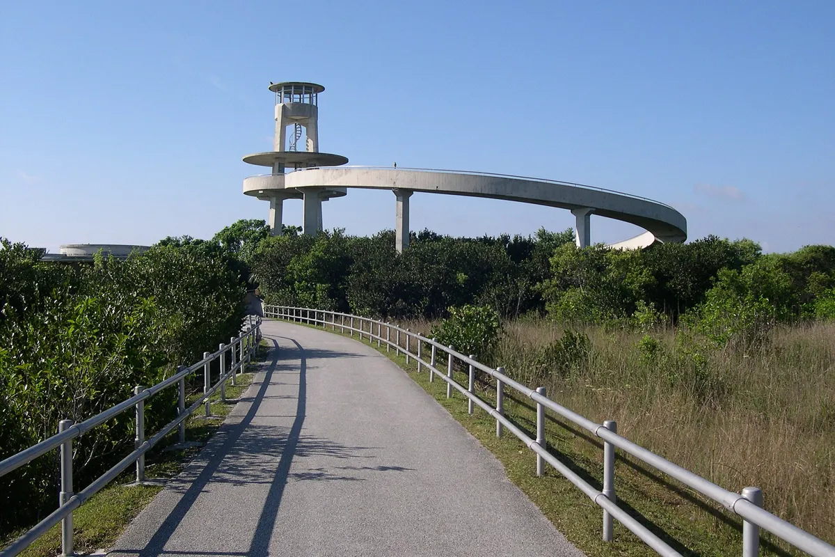 Paved path with railings curving up to the round concrete observation tower at Shark Valley
